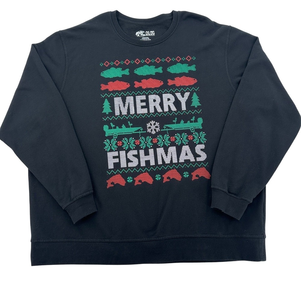 Bass Pro Shops Merry Fishmas Ugly Christmas Sweater Black  Fishing Cozy Men 2XL